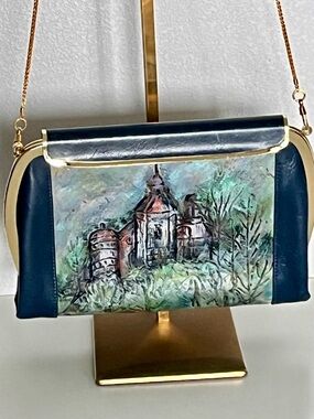 Vintage PRINCE Embossed Impressionist Castle Frame Clutch Snake Chain Pristine